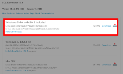 Oracle SQL DeveloperダウンロードはWindows 64-bit with JDK 8 included