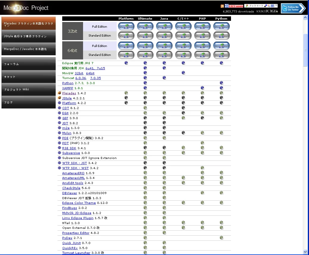 Eclipse Pleiades All in Oneダウンロードサイトで4.2 Junoを選択