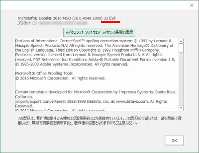 Excel 詳細なバージョン情報