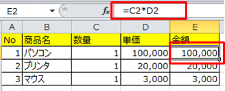 数式の入った売上表