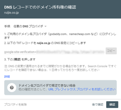 DNSレコードでのドメイン所有権の確認画面