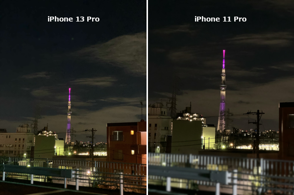 iPhone 13 ProとiPhone 13 Proで夜のスカイツリーを比較撮影