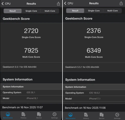 左がiPhone 17 Proで右がiPhone 16 ProのベンチマークCPU