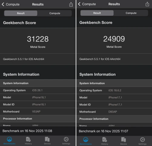 左がiPhone 17 Proで右がiPhone 16 ProのベンチマークGPU
