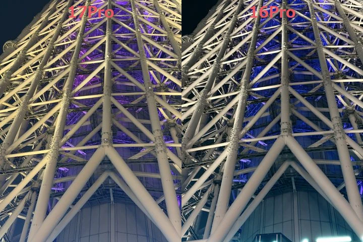 左がiPhone 17 Proで右がiPhone 16 Proの画像比較ナイトモード2倍