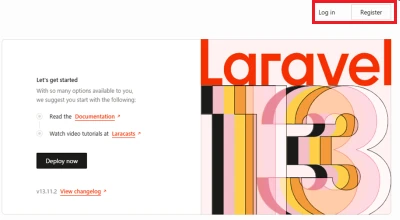 トップページ右上にLog inとRegisterが表示された様子