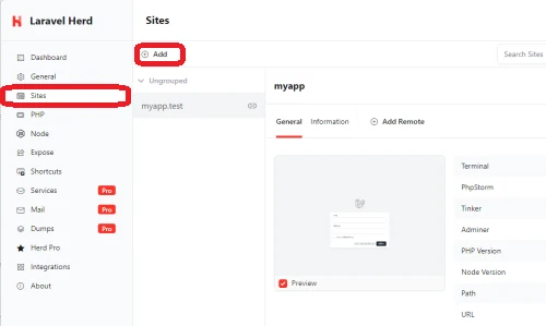 HerdのSitesからAddSiteでプロジェクト追加する