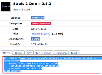 Maven Repository Struts2-core 2.5.2を選択