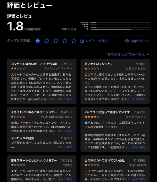 オーデリックのスマホアプリはストアの評価が低い