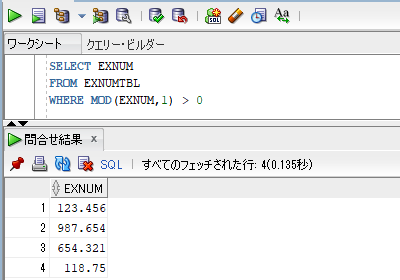 Oracle SQLで小数点以下がある値だけを抽出した結果