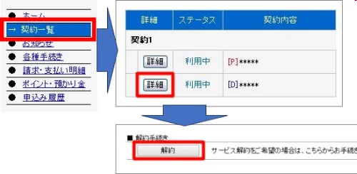 アカウントマネージャーで契約一覧⇒詳細⇒解約をクリックする