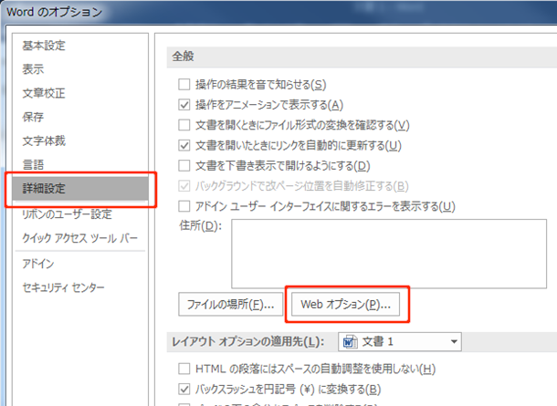 詳細設定タブから全般にあるWebオプションのボタンを押下