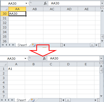 VBA AA30からA1へスクロール