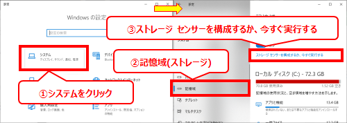 スタートメニューの設定からシステムをクリック。左メニューの記憶域(ストレージ)を選択して右上の「ストレージ センサーを構成するか、今すぐ実行する」をクリックする
