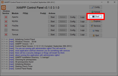 XAMPP Control PanelからShellボタンを押下